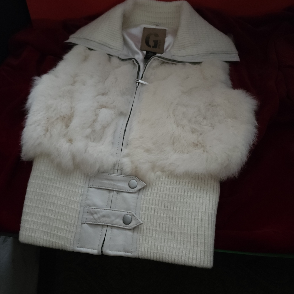 G by Guess Women's Cream Faux Fur and White Knit Hoodie